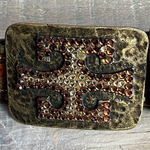 Statement Leatherock Brown Leather Belt with Brass & rhinestones Accents 30-35